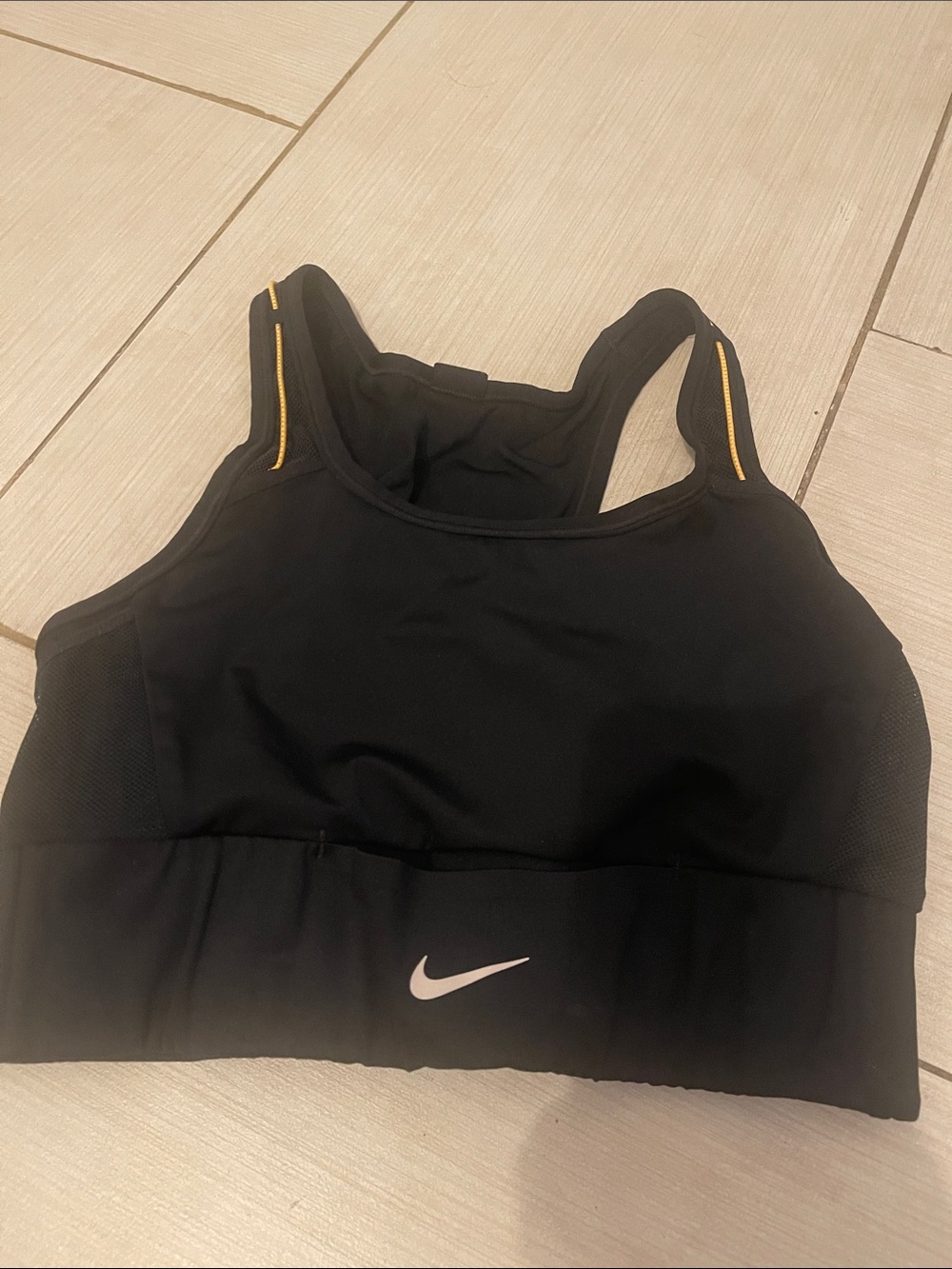 Nike Black Sports Bra with Yellow Trim and White Swoosh
